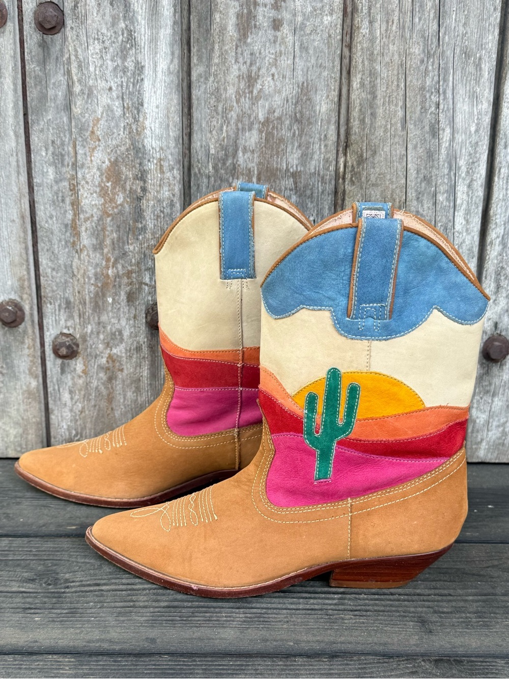 Vintage 1980's Circle S Arizona Sunset Desert Cactus Design Women's Cowboy Boots